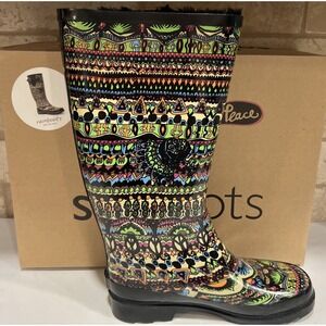 Sakroots Rubber Rain Boots Faux Fur Lined Colorful Peace Sign Women's Size 6